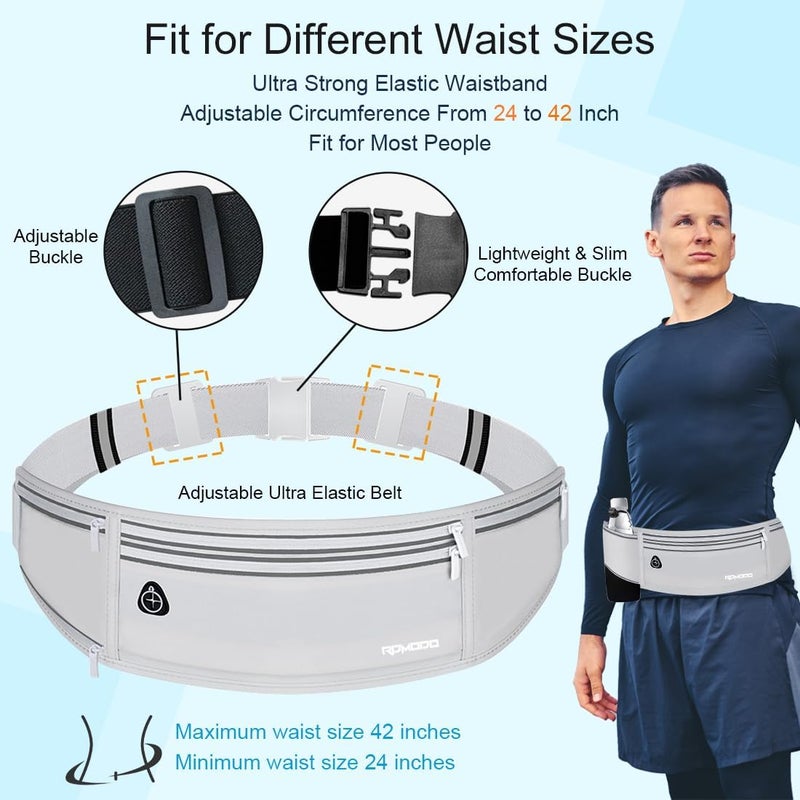 RDMODO Fanny Pack with Water Bottle Holder, Slim Running Hydration Belt for Women Men, Water Resistant Waist Pack for iPhone Samsung, No Bounce 4 Pockets Phone Holder for Running Walking Outdoor（Grey） - Image 5